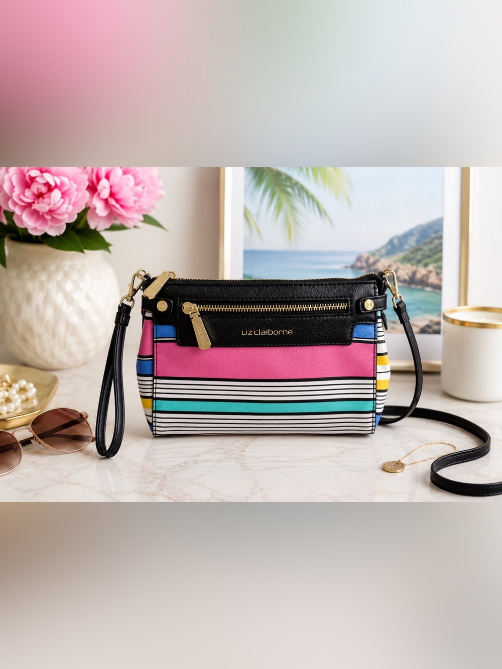 Vintage Liz Claiborne Colorful Stripe Crossbody Wallet Bag Coastal Y2K Preppy
